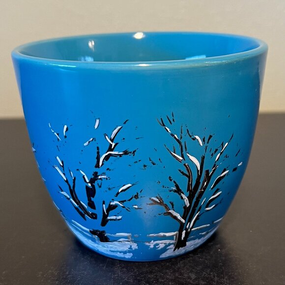 Hand Painted Turquoise Ceramic Cup w/ Snowy Winter Nature Scene by Ann Windell - Picture 1 of 11